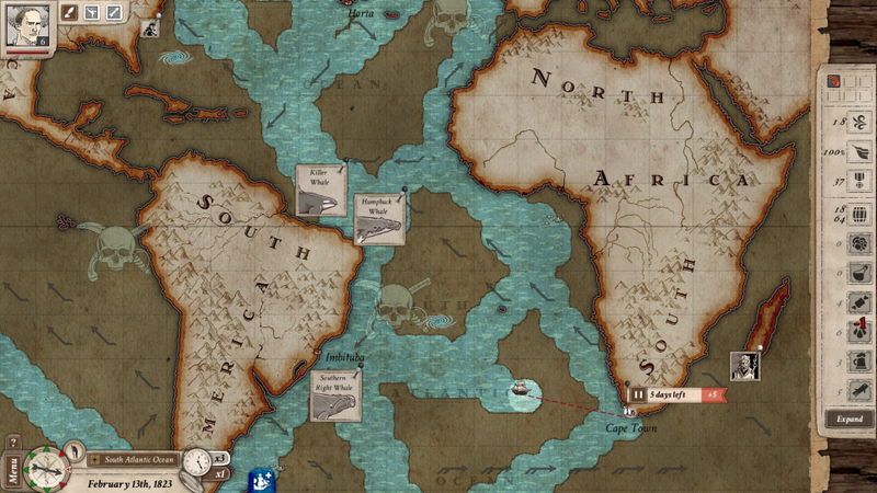 Nantucket’s main map screen, showing areas where you can find whales. The brown areas are places I hadn’t discovered yet. The arrows indicate the direction of the current, which will speed up or slow down your boat.